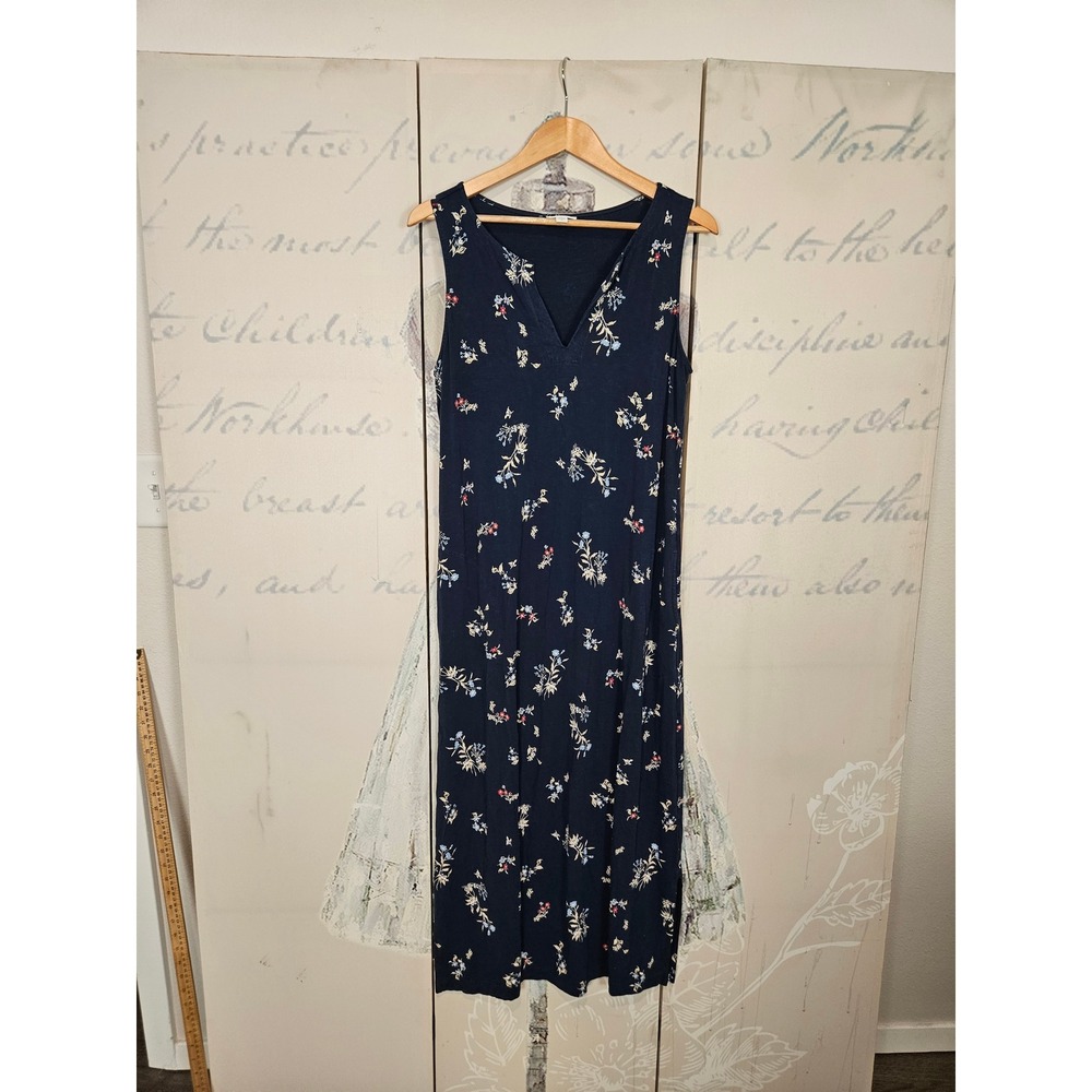 J. Jill Maxi‎ Dress Medium Navy Blue Floral V-Neck Sleeveless Stretch Boho Slub